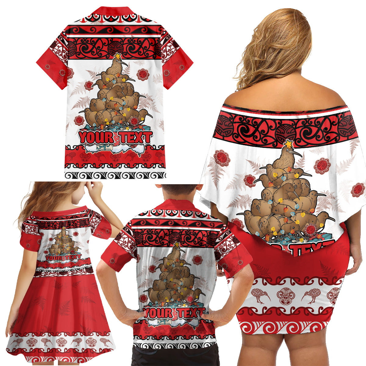 Personalised New Zealand July Christmas Family Matching Off Shoulder Short Dress and Hawaiian Shirt Maori Kiwi Xmas Tree - White LT05 - Polynesian Pride