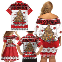 Personalised New Zealand July Christmas Family Matching Off Shoulder Short Dress and Hawaiian Shirt Maori Kiwi Xmas Tree - White LT05 - Polynesian Pride