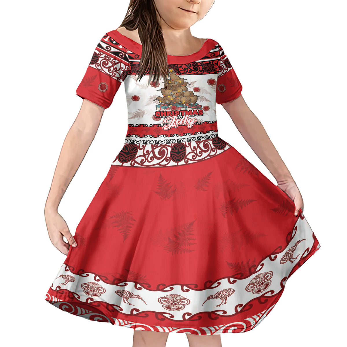 Personalised New Zealand July Christmas Family Matching Short Sleeve Bodycon Dress and Hawaiian Shirt Maori Kiwi Xmas Tree - White LT05 Daughter's Dress White - Polynesian Pride