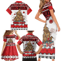 Personalised New Zealand July Christmas Family Matching Short Sleeve Bodycon Dress and Hawaiian Shirt Maori Kiwi Xmas Tree - White LT05 - Polynesian Pride