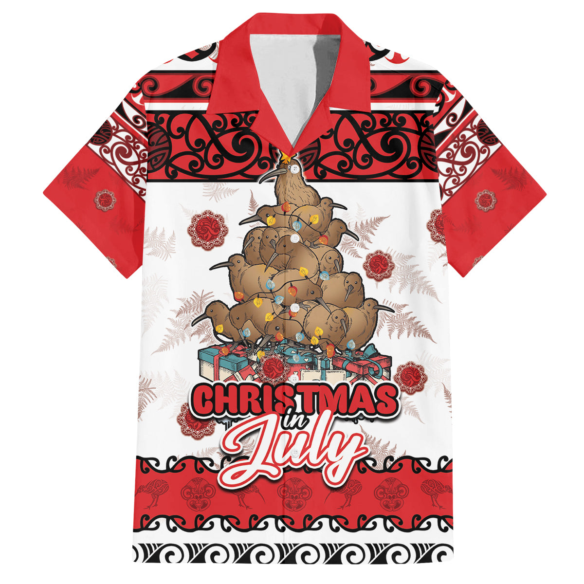 Personalised New Zealand July Christmas Family Matching Summer Maxi Dress and Hawaiian Shirt Maori Kiwi Xmas Tree - White LT05 Dad's Shirt - Short Sleeve White - Polynesian Pride