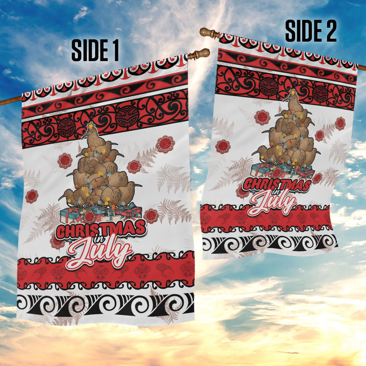 New Zealand July Christmas Garden Flag Maori Kiwi Xmas Tree - White