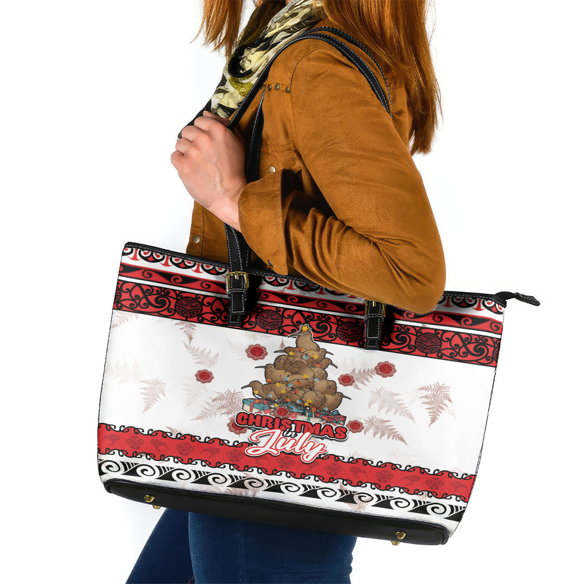 New Zealand July Christmas Leather Tote Bag Maori Kiwi Xmas Tree - White LT05 White - Polynesian Pride