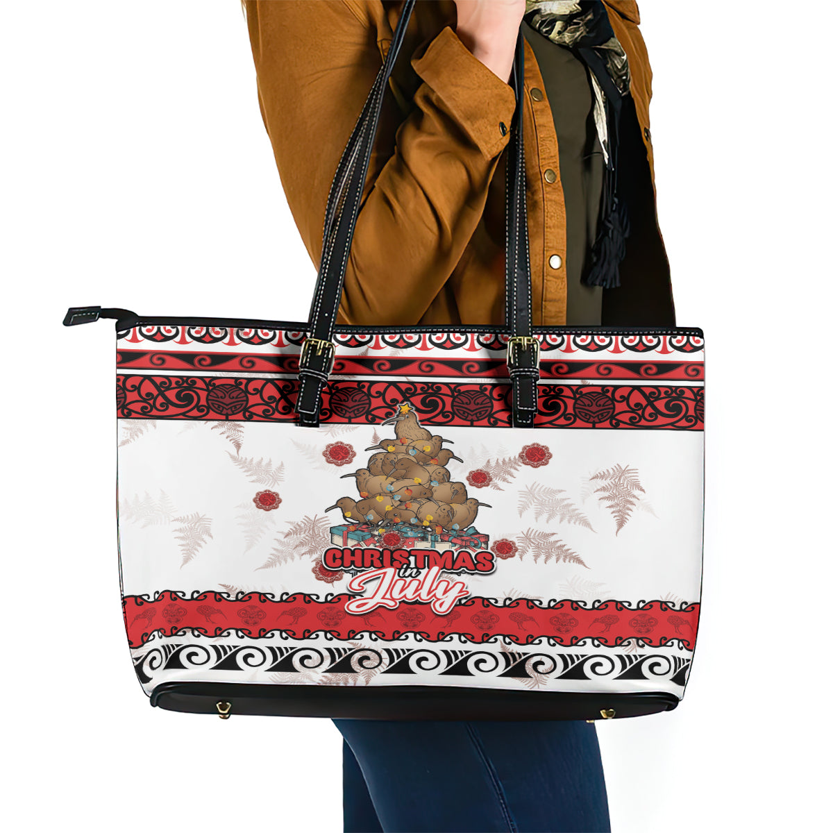 New Zealand July Christmas Leather Tote Bag Maori Kiwi Xmas Tree - White LT05 - Polynesian Pride