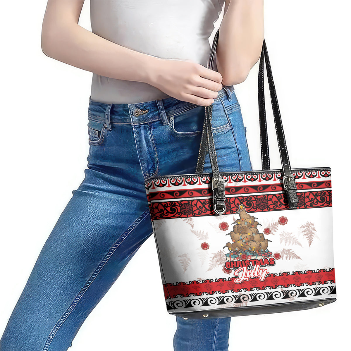 New Zealand July Christmas Leather Tote Bag Maori Kiwi Xmas Tree - White LT05 - Polynesian Pride