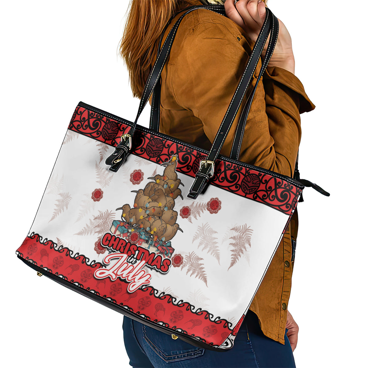 New Zealand July Christmas Leather Tote Bag Maori Kiwi Xmas Tree - White LT05 - Polynesian Pride