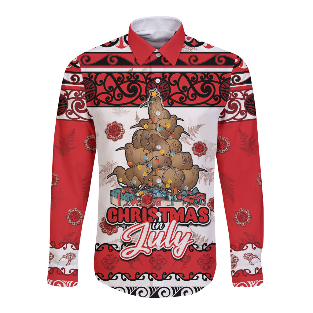 Personalised New Zealand July Christmas Long Sleeve Button Shirt Maori Kiwi Xmas Tree - White