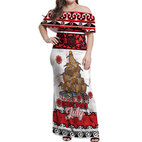 Personalised New Zealand July Christmas Off Shoulder Maxi Dress Maori Kiwi Xmas Tree - White