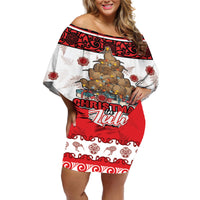 Personalised New Zealand July Christmas Off Shoulder Short Dress Maori Kiwi Xmas Tree - White