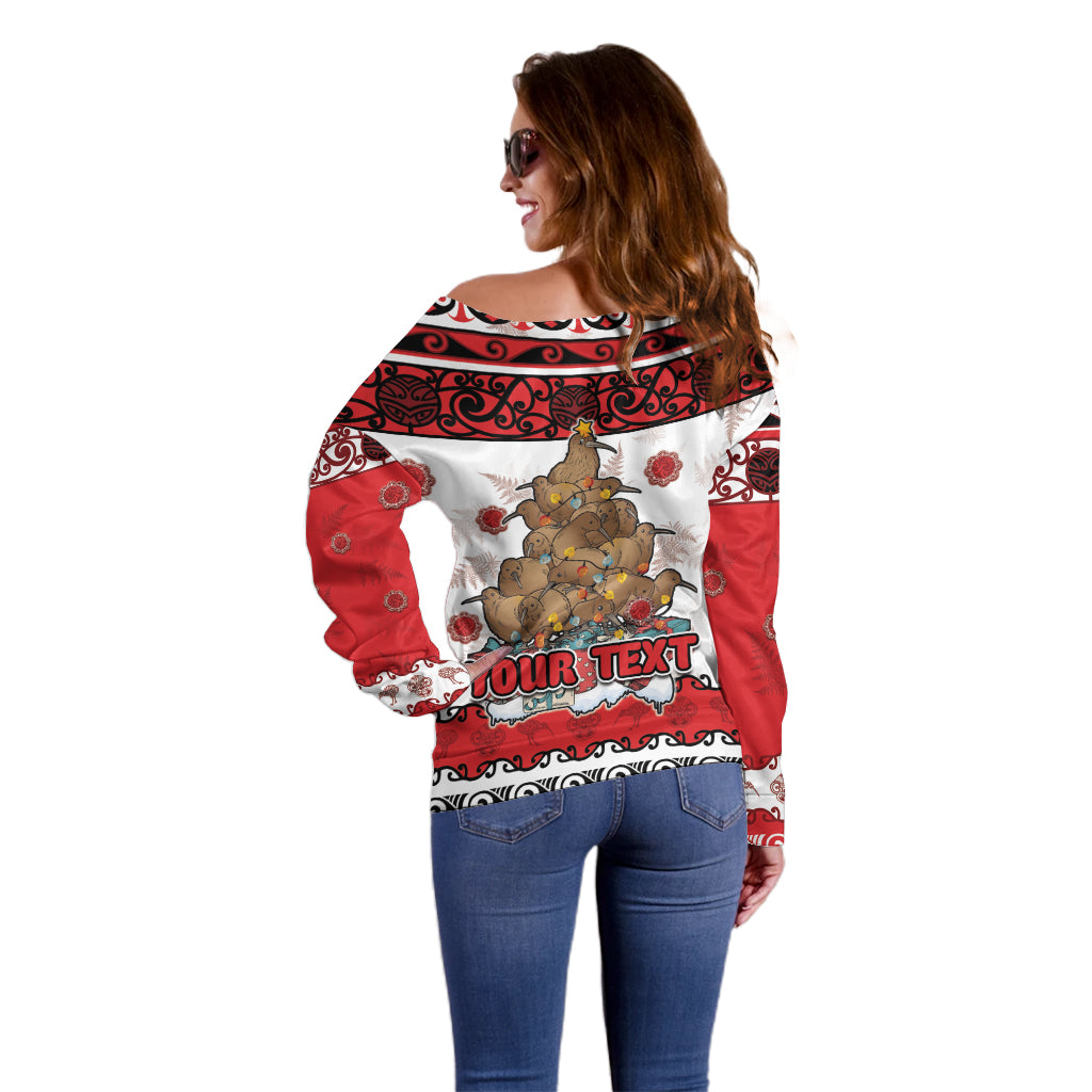 Personalised New Zealand July Christmas Off Shoulder Sweater Maori Kiwi Xmas Tree - White