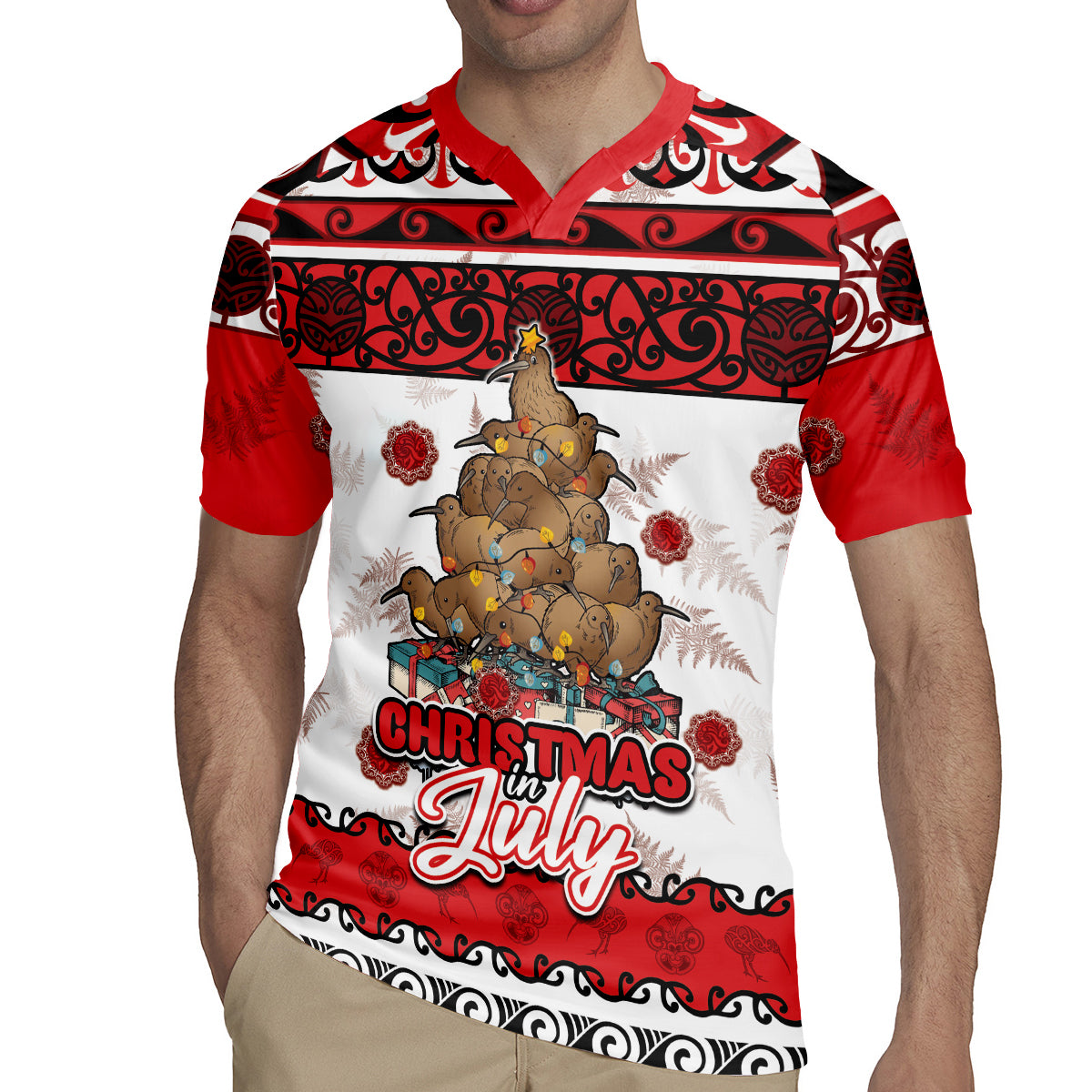 Personalised New Zealand July Christmas Rugby Jersey Maori Kiwi Xmas Tree - White
