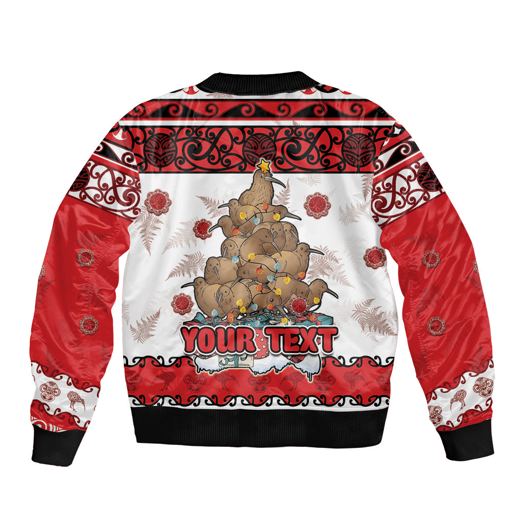 Personalised New Zealand July Christmas Sleeve Zip Bomber Jacket Maori Kiwi Xmas Tree - White