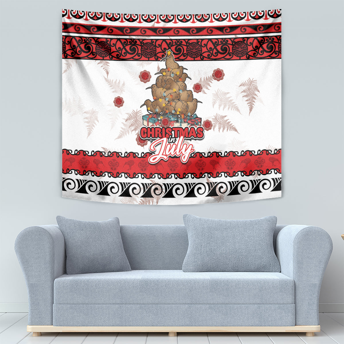 New Zealand July Christmas Tapestry Maori Kiwi Xmas Tree - White