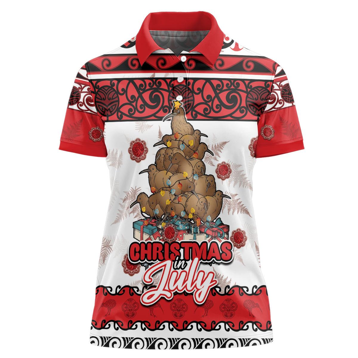 Personalised New Zealand July Christmas Women Polo Shirt Maori Kiwi Xmas Tree - White