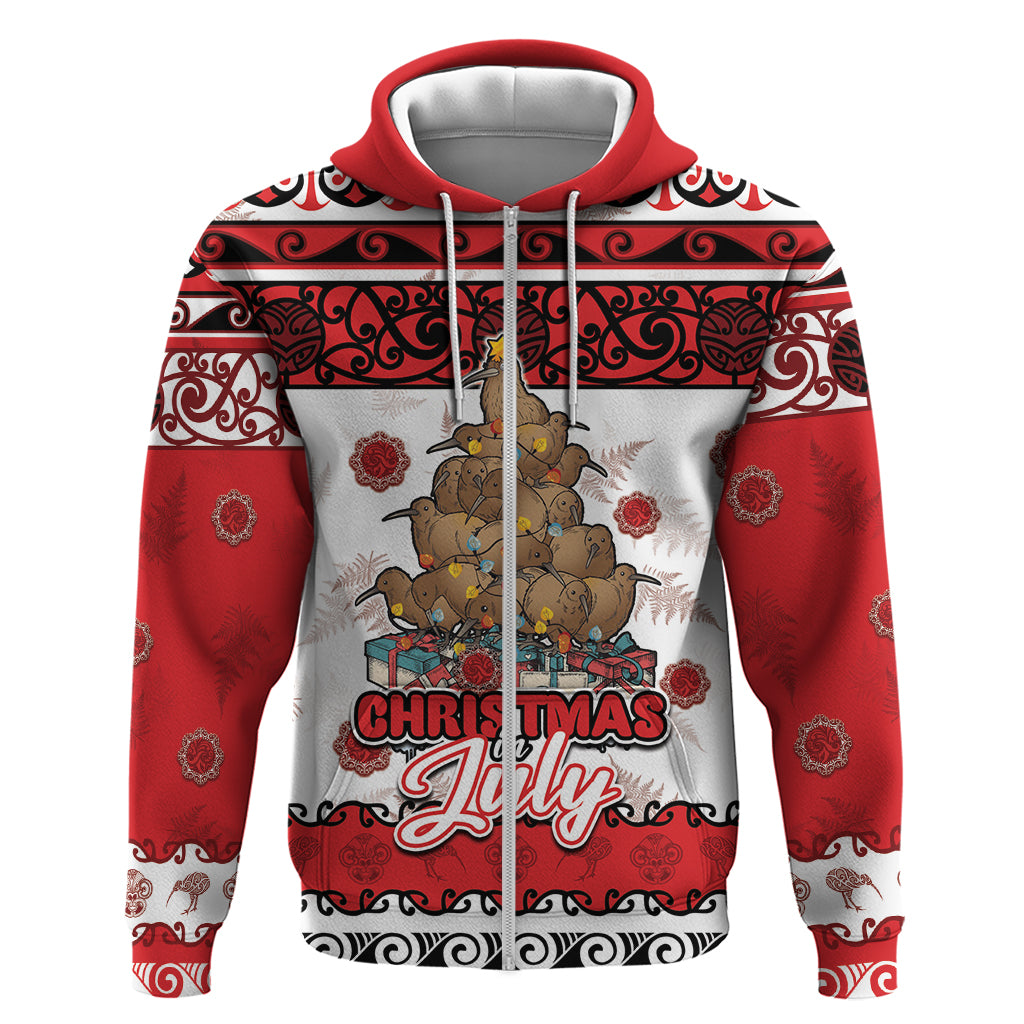 Personalised New Zealand July Christmas Zip Hoodie Maori Kiwi Xmas Tree - White