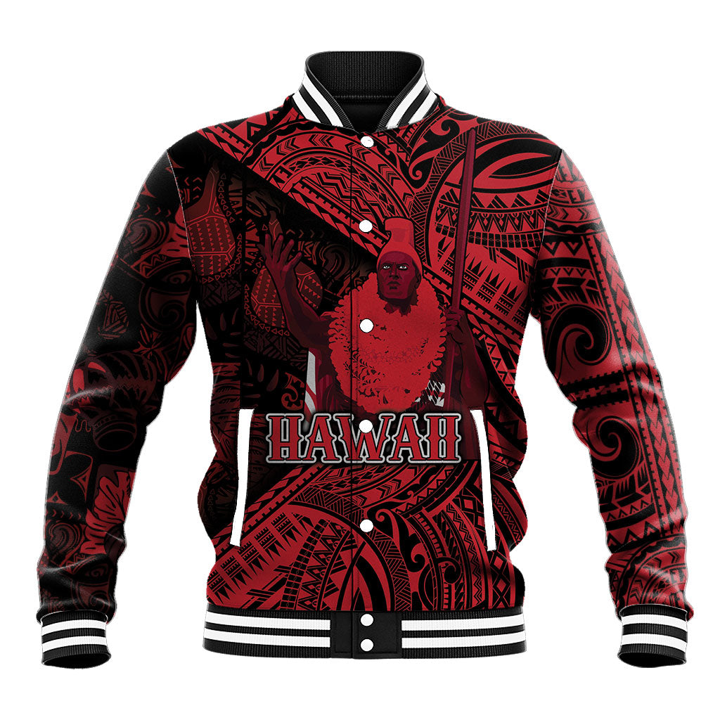Hawaii King Kamehameha Baseball Jacket With Hawaiian Ipu Motifs Red Version