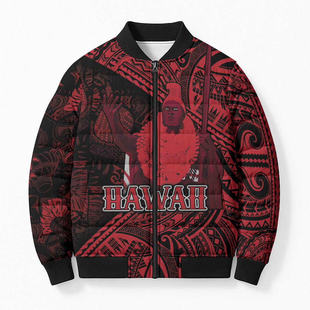 Hawaii King Kamehameha Bomber Puffer Jacket With Hawaiian Ipu Motifs Red Version