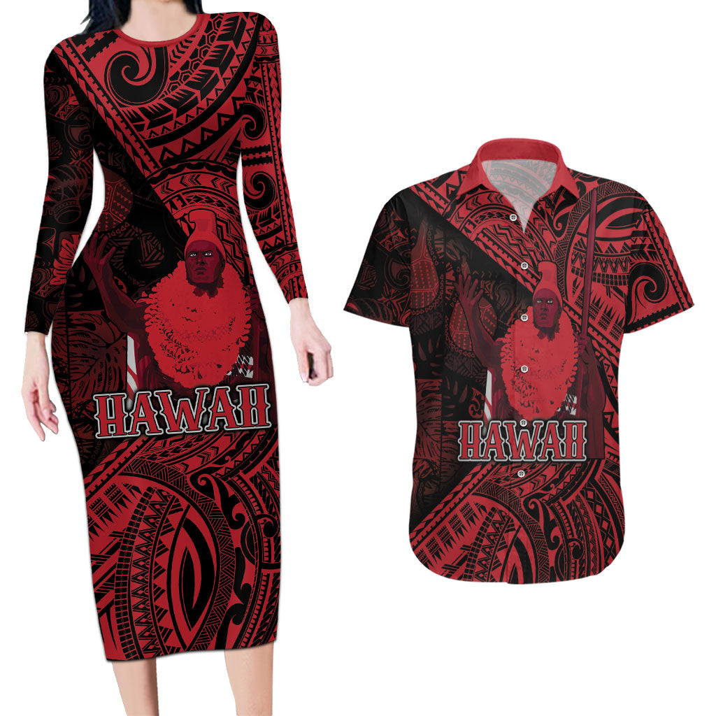 Hawaii King Kamehameha Couples Matching Long Sleeve Bodycon Dress and Hawaiian Shirt With Hawaiian Ipu Motifs Red Version