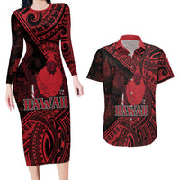 Hawaii King Kamehameha Couples Matching Long Sleeve Bodycon Dress and Hawaiian Shirt With Hawaiian Ipu Motifs Red Version