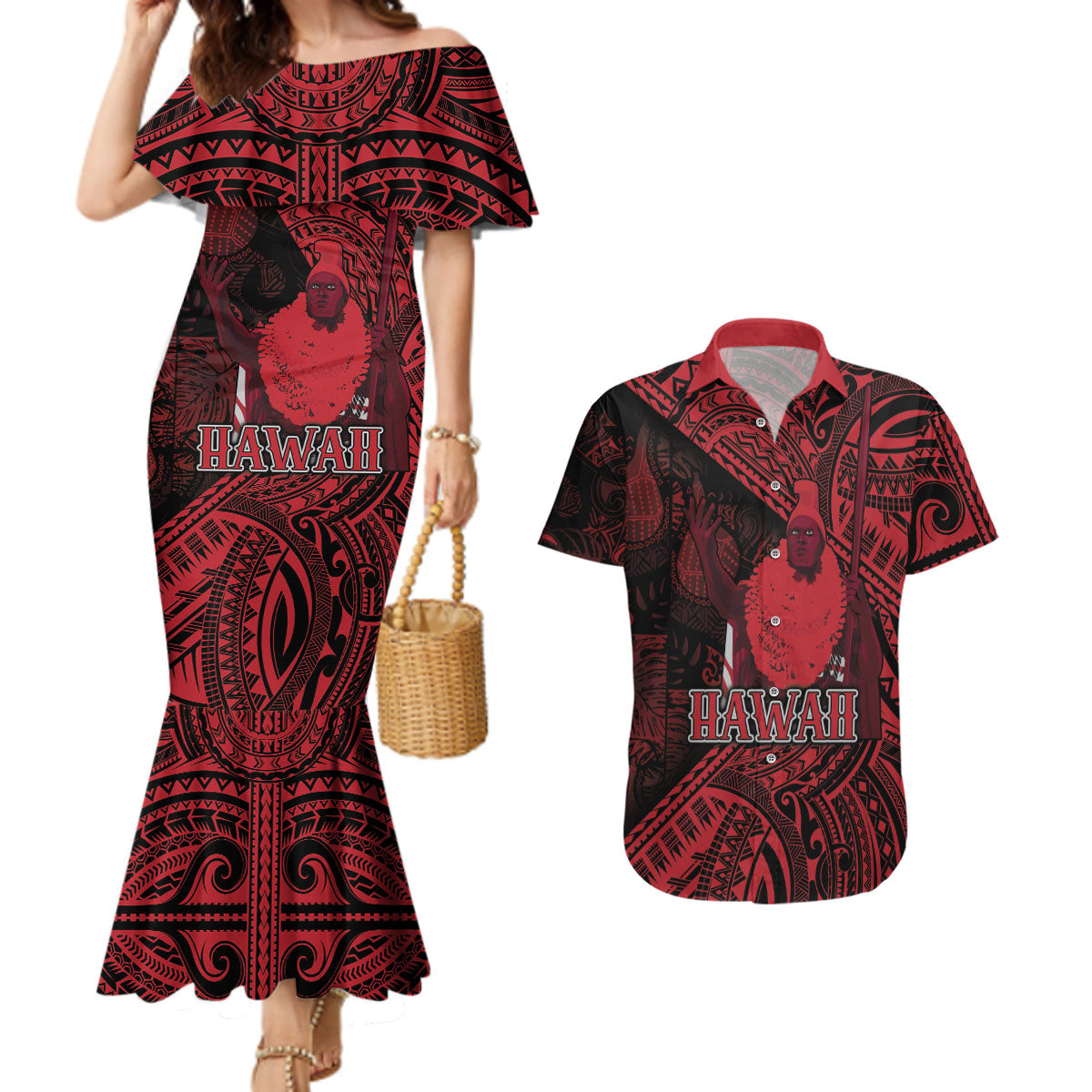 Hawaii King Kamehameha Couples Matching Mermaid Dress and Hawaiian Shirt With Hawaiian Ipu Motifs Red Version