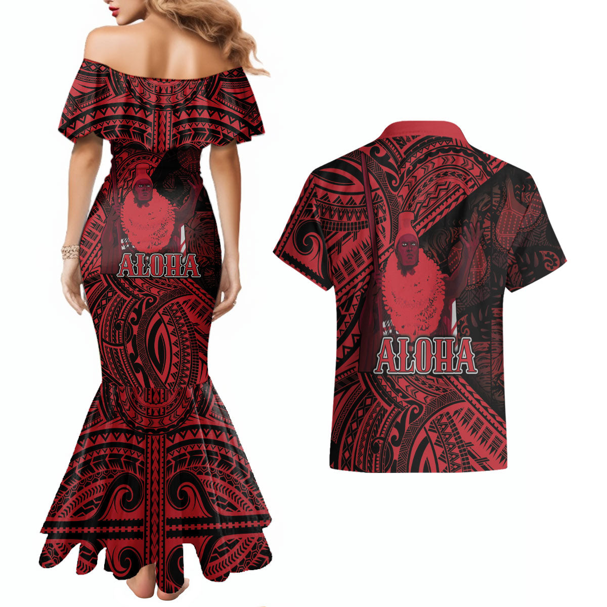 Hawaii King Kamehameha Couples Matching Mermaid Dress and Hawaiian Shirt With Hawaiian Ipu Motifs Red Version