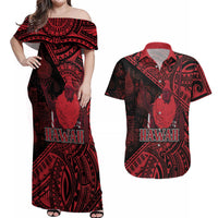 Hawaii King Kamehameha Couples Matching Off Shoulder Maxi Dress and Hawaiian Shirt With Hawaiian Ipu Motifs Red Version LT05 Red - Polynesian Pride