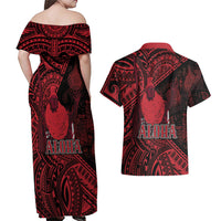 Hawaii King Kamehameha Couples Matching Off Shoulder Maxi Dress and Hawaiian Shirt With Hawaiian Ipu Motifs Red Version LT05 - Polynesian Pride