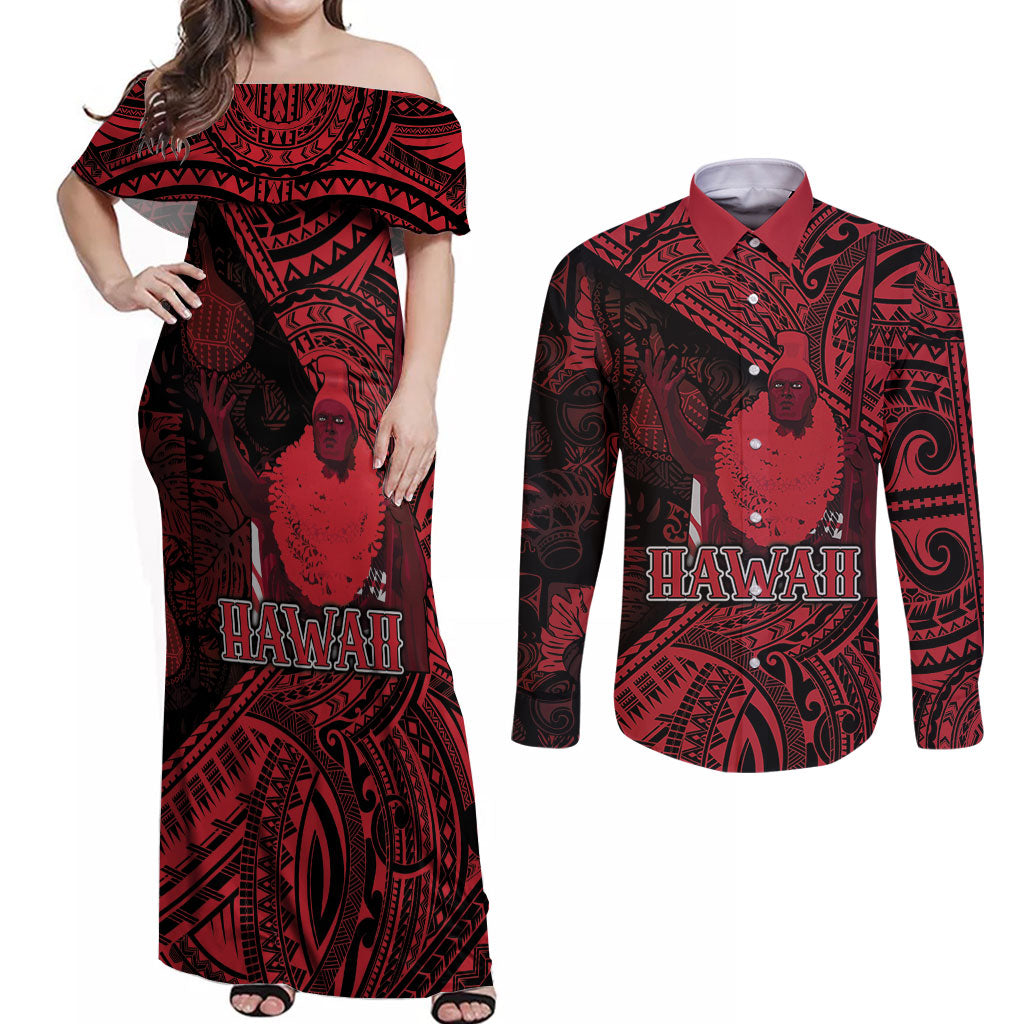 Hawaii King Kamehameha Couples Matching Off Shoulder Maxi Dress and Long Sleeve Button Shirt With Hawaiian Ipu Motifs Red Version LT05 Red - Polynesian Pride