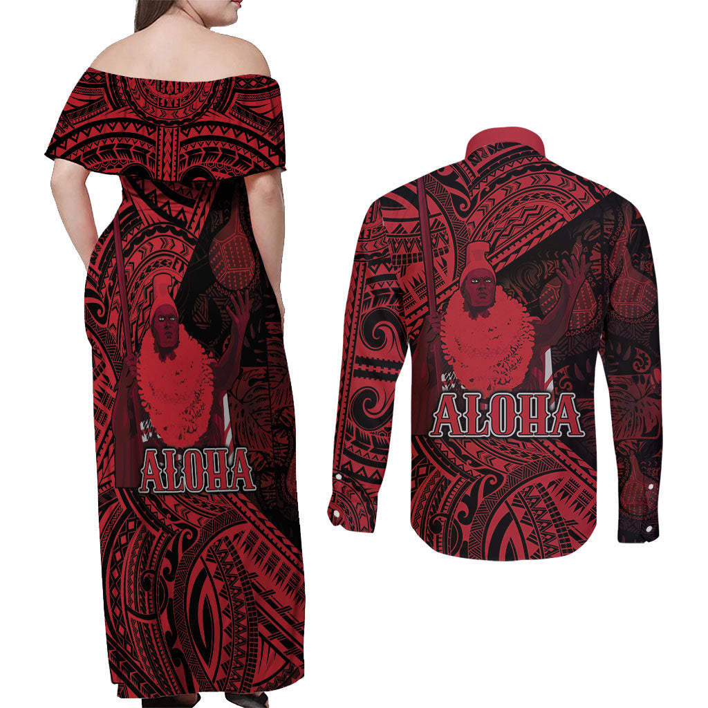 Hawaii King Kamehameha Couples Matching Off Shoulder Maxi Dress and Long Sleeve Button Shirt With Hawaiian Ipu Motifs Red Version LT05 - Polynesian Pride