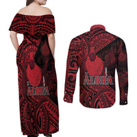 Hawaii King Kamehameha Couples Matching Off Shoulder Maxi Dress and Long Sleeve Button Shirt With Hawaiian Ipu Motifs Red Version LT05 - Polynesian Pride
