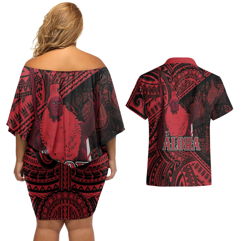 Hawaii King Kamehameha Couples Matching Off Shoulder Short Dress and Hawaiian Shirt With Hawaiian Ipu Motifs Red Version