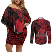 Hawaii King Kamehameha Couples Matching Off Shoulder Short Dress and Long Sleeve Button Shirt With Hawaiian Ipu Motifs Red Version LT05 Red - Polynesian Pride
