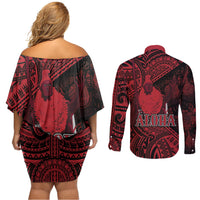 Hawaii King Kamehameha Couples Matching Off Shoulder Short Dress and Long Sleeve Button Shirt With Hawaiian Ipu Motifs Red Version LT05 - Polynesian Pride