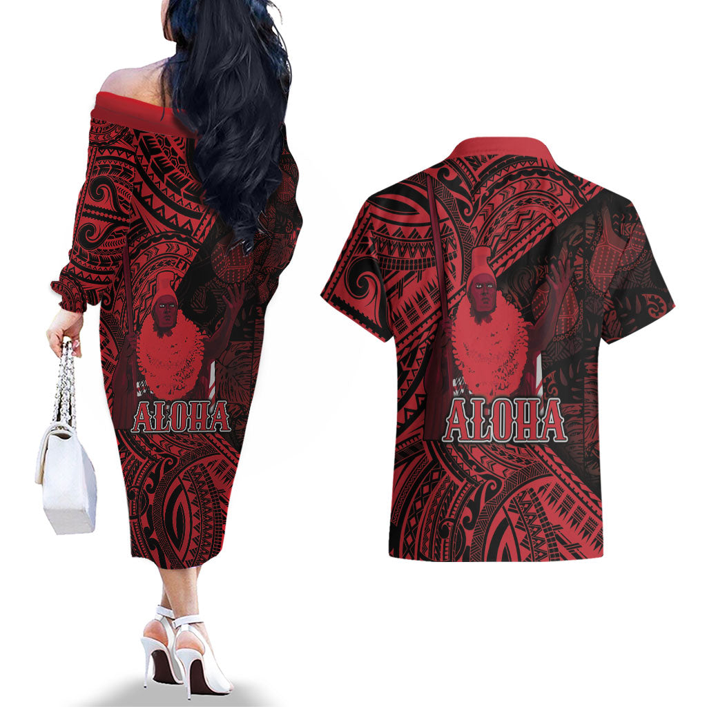 Hawaii King Kamehameha Couples Matching Off The Shoulder Long Sleeve Dress and Hawaiian Shirt With Hawaiian Ipu Motifs Red Version