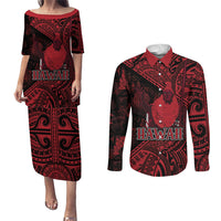 Hawaii King Kamehameha Couples Matching Puletasi and Long Sleeve Button Shirt With Hawaiian Ipu Motifs Red Version LT05 Red - Polynesian Pride