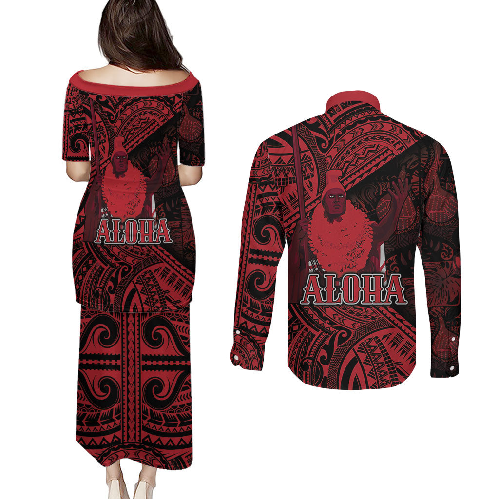 Hawaii King Kamehameha Couples Matching Puletasi and Long Sleeve Button Shirt With Hawaiian Ipu Motifs Red Version LT05 - Polynesian Pride