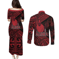 Hawaii King Kamehameha Couples Matching Puletasi and Long Sleeve Button Shirt With Hawaiian Ipu Motifs Red Version LT05 - Polynesian Pride