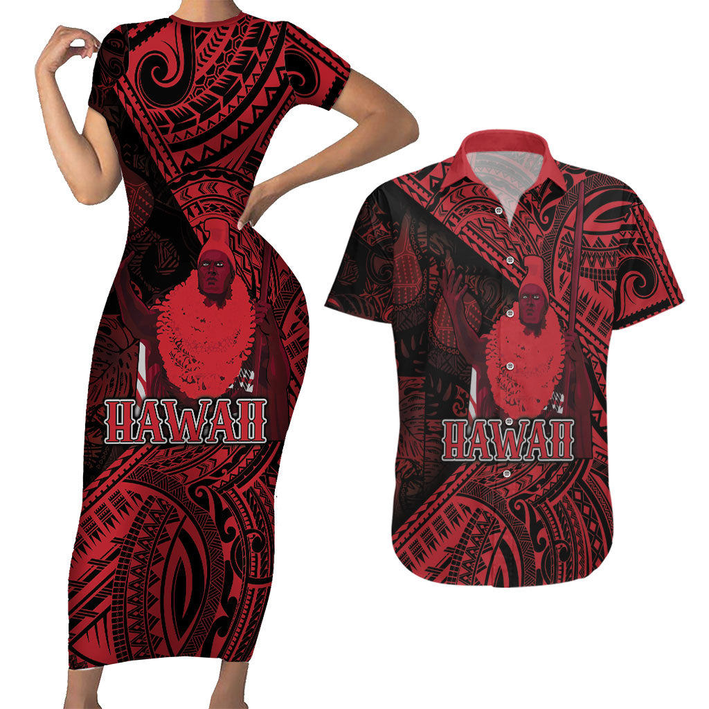 Hawaii King Kamehameha Couples Matching Short Sleeve Bodycon Dress and Hawaiian Shirt With Hawaiian Ipu Motifs Red Version