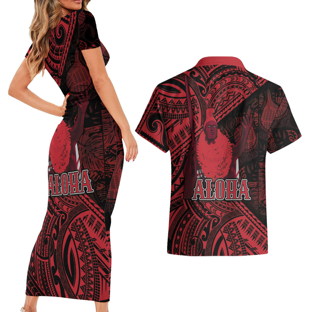 Hawaii King Kamehameha Couples Matching Short Sleeve Bodycon Dress and Hawaiian Shirt With Hawaiian Ipu Motifs Red Version
