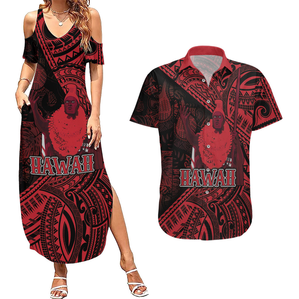 Hawaii King Kamehameha Couples Matching Summer Maxi Dress and Hawaiian Shirt With Hawaiian Ipu Motifs Red Version