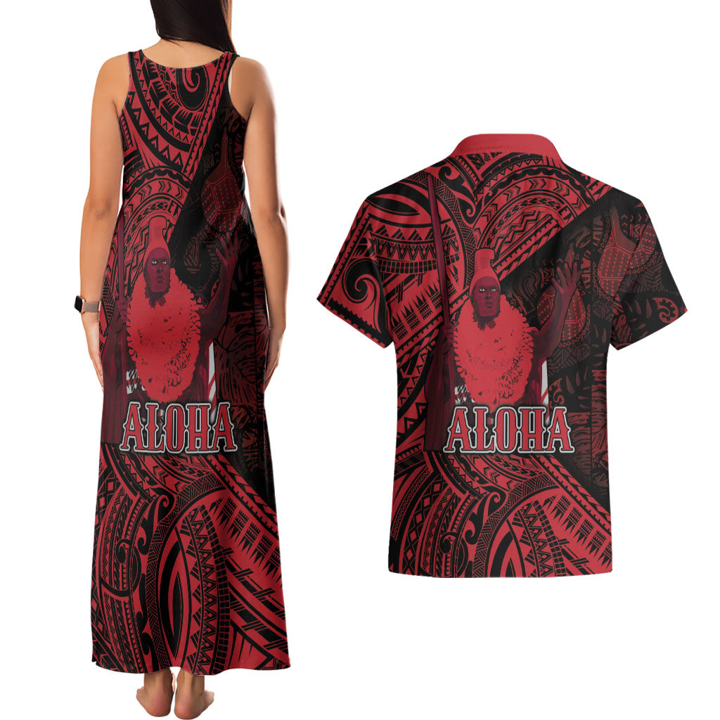 Hawaii King Kamehameha Couples Matching Tank Maxi Dress and Hawaiian Shirt With Hawaiian Ipu Motifs Red Version LT05 - Polynesian Pride