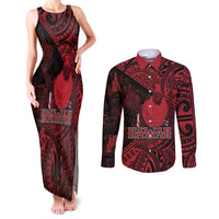 Hawaii King Kamehameha Couples Matching Tank Maxi Dress and Long Sleeve Button Shirt With Hawaiian Ipu Motifs Red Version LT05 Red - Polynesian Pride