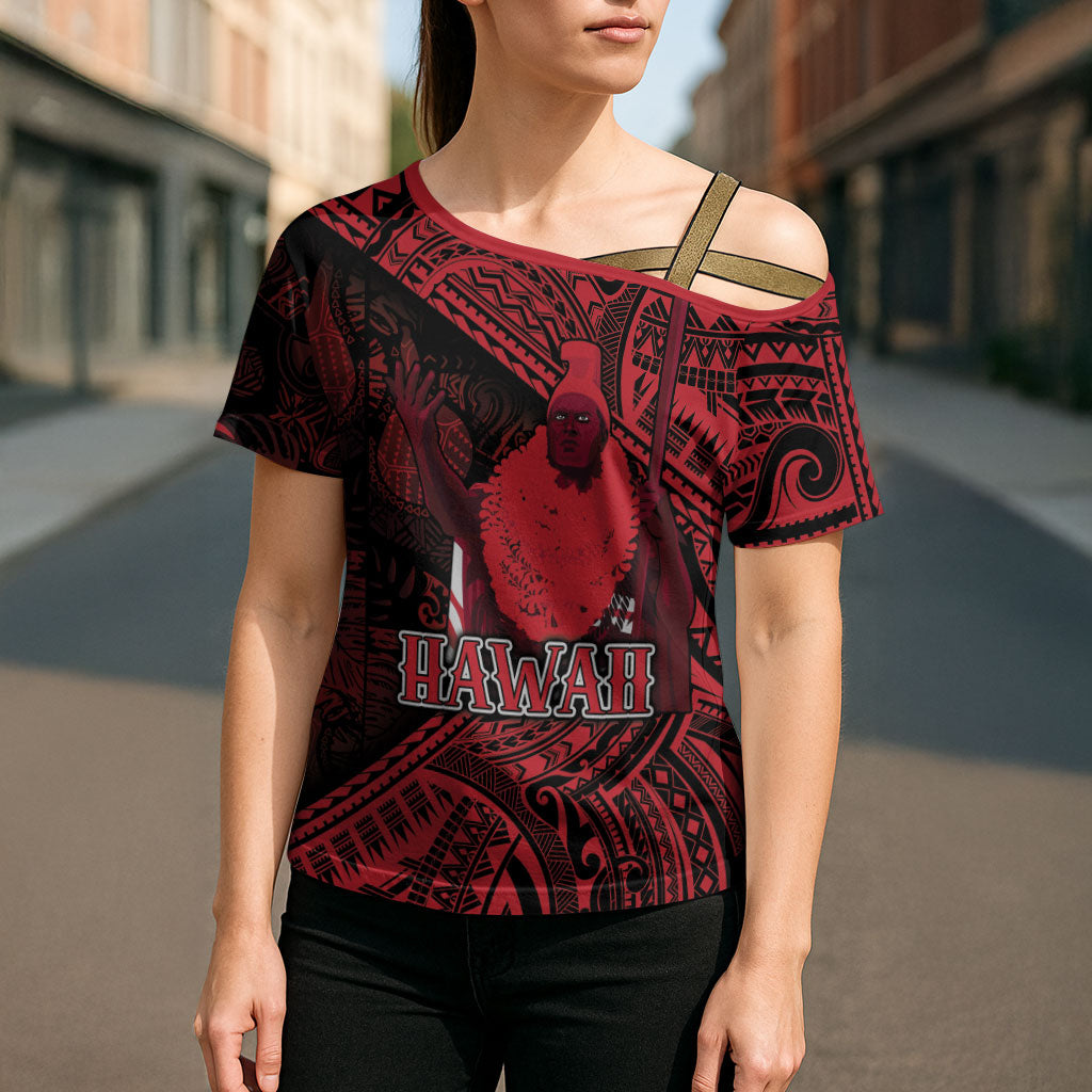 Hawaii King Kamehameha Cross Shoulder Shirt With Hawaiian Ipu Motifs Red Version
