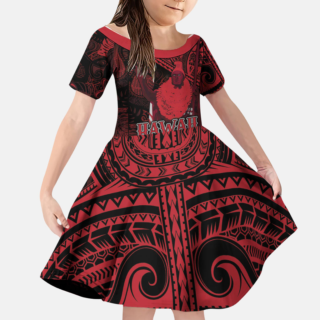Hawaii King Kamehameha Family Matching Off The Shoulder Long Sleeve Dress and Hawaiian Shirt With Hawaiian Ipu Motifs Red Version LT05 Daughter's Dress Red - Polynesian Pride
