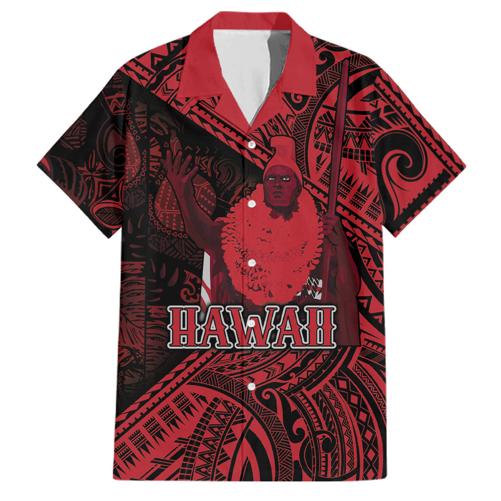 Hawaii King Kamehameha Family Matching Off The Shoulder Long Sleeve Dress and Hawaiian Shirt With Hawaiian Ipu Motifs Red Version LT05 Dad's Shirt - Short Sleeve Red - Polynesian Pride