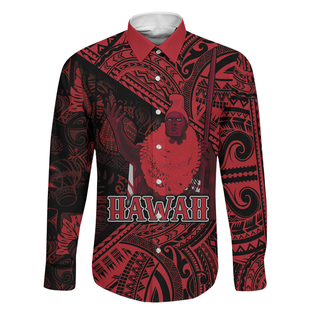 Hawaii King Kamehameha Family Matching Off Shoulder Short Dress and Hawaiian Shirt With Hawaiian Ipu Motifs Red Version LT05 Dad's Shirt - Long Sleeve Red - Polynesian Pride