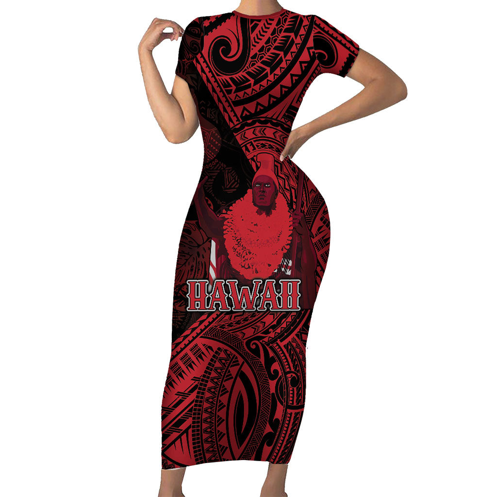 Hawaii King Kamehameha Family Matching Short Sleeve Bodycon Dress and Hawaiian Shirt With Hawaiian Ipu Motifs Red Version LT05 Mom's Dress Red - Polynesian Pride