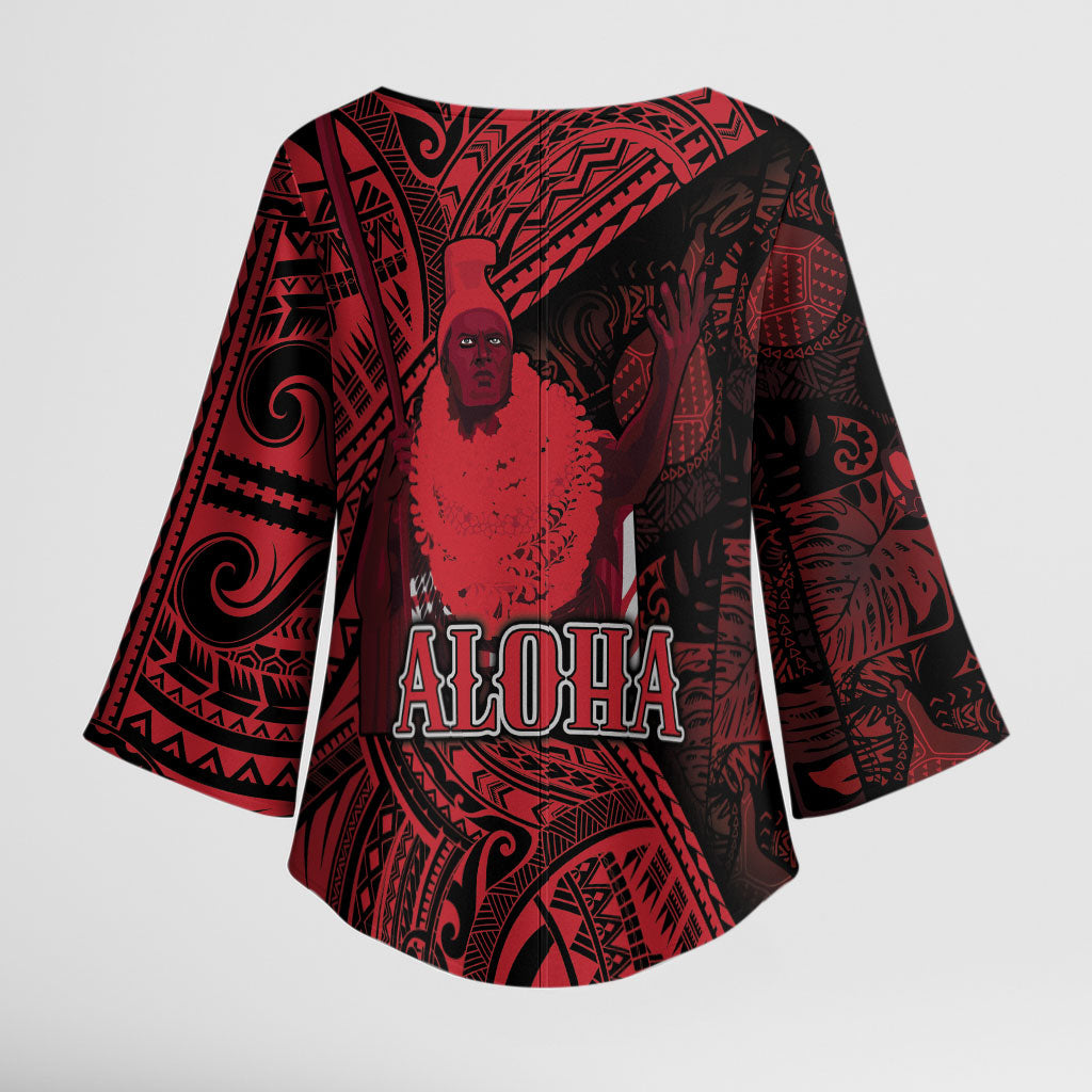 Hawaii King Kamehameha Kimono Sleeve Blouse With Hawaiian Ipu Motifs Red Version
