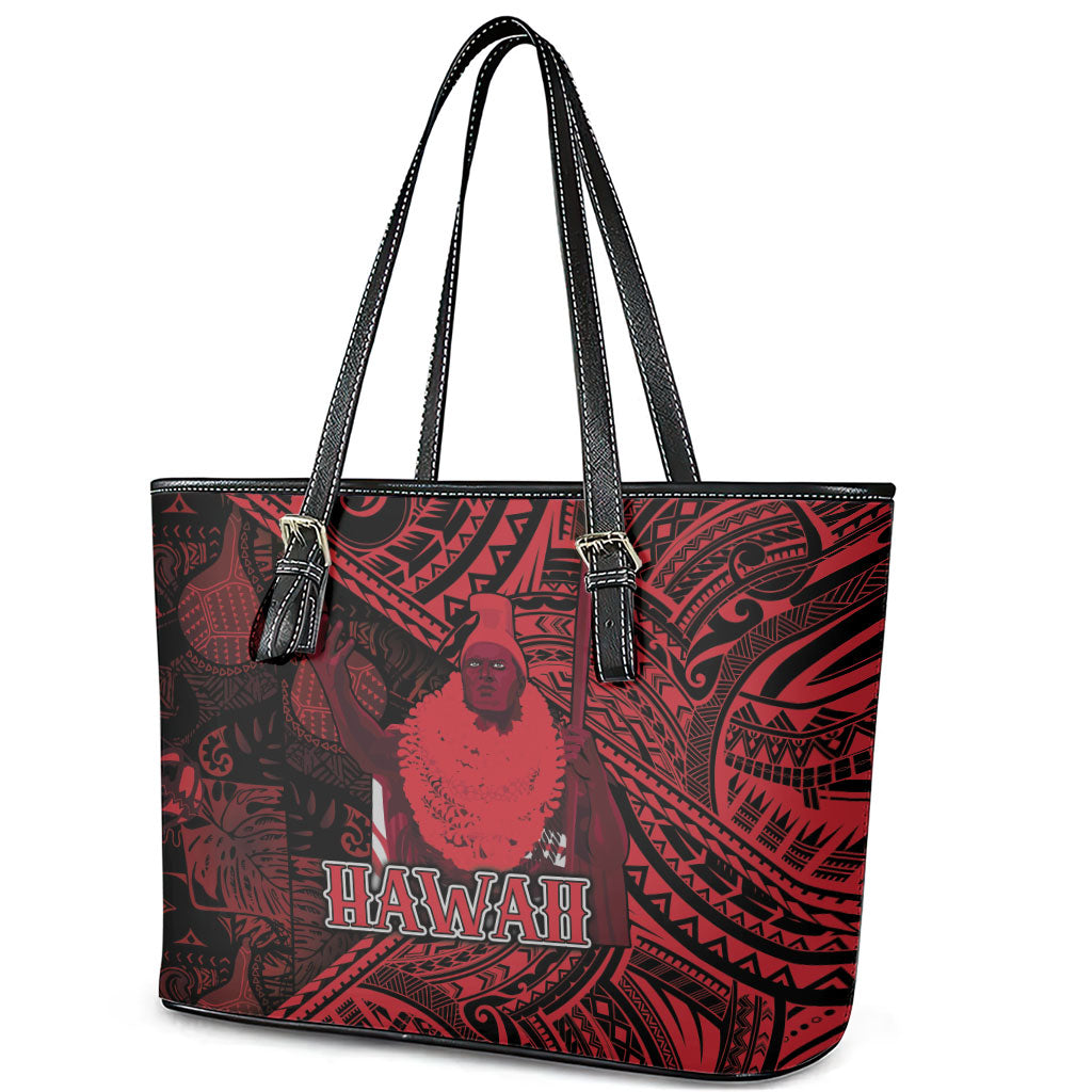 Hawaii King Kamehameha Leather Tote Bag With Hawaiian Ipu Motifs Red Version