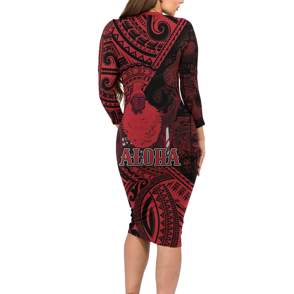 Hawaii King Kamehameha Long Sleeve Bodycon Dress With Hawaiian Ipu Motifs Red Version LT05 - Polynesian Pride